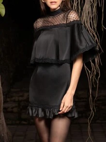 VERO DIAZ Designer Women's Elegant Black Satin Satin Polka Dot Mesh See-Through Stand Collar Ruffle Hem Mini Dress, Going Out, Festival, Wedding, Prom Dress - Black - View 4