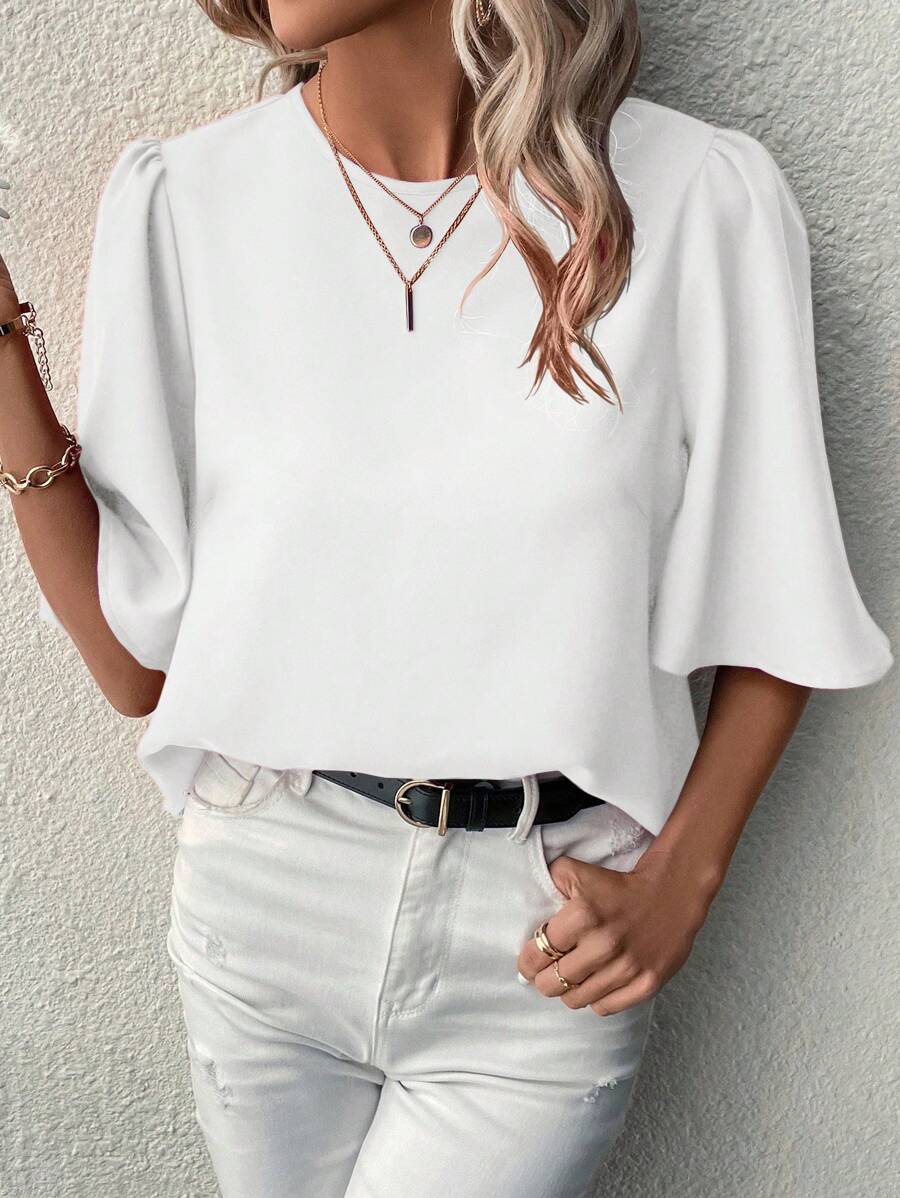 SHEIN LUNE 女士简约圆领短袖纯色休闲上衣，日常穿着 - 白色 - 查看 1