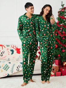 Manfinity VCAY 2pcs Unisex Velvet Long Sleeve Shirt And Straight Leg Pants Set, Suitable For Autumn/Winter, For Christmas - Green - View 3