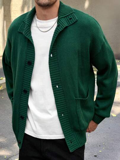 Manfinity VCAY كارديجان طويل الأكمام بفتحة الكتف الفضفاضة، مناسب للارتداء اليومي، اللون الأخضر الداكن المخمل، هدية للزوج أو الخطيب