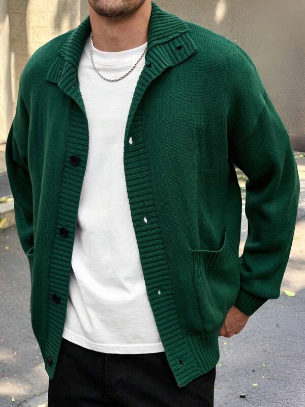 Manfinity VCAY Men's Knitted Loose Casual Long Sleeve Cardigan With Drop Shoulders, Suitable For Everyday Wear, Going Out Vintage Plain Dark Green Chunky Cardigan, For Husband, Boyfriend Gifts