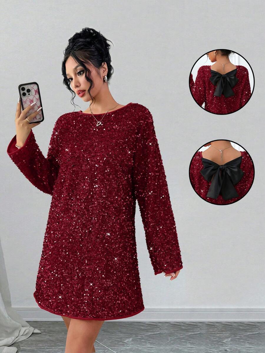 Rafferiza Women's Elegant Sequin Bow Decor Christmas Dress, Casual Short Loose Fit Party Dress Fall Cloth For Women