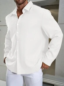 Manfinity Homme Plus Size Men's Casual Solid Color Long Sleeve Single-Breasted Shirt, Autumn