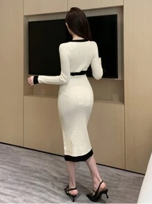 DAZY 双色圆领纽扣点缀女式长袖毛衣裙，秋季服装 - 米色 - 查看 2