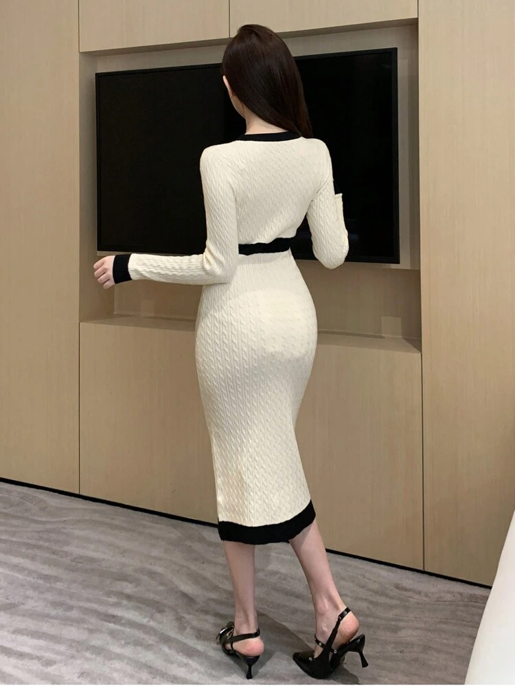 Two-Tone Round Neck Button-Accent Women Long Sleeve Sweater Dress,Fall Clothes