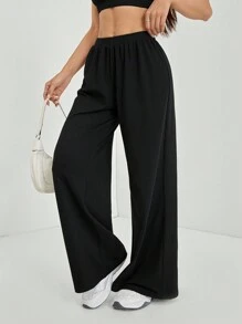 SHEIN PETITE 舒适人造丝阔腿休闲裤-黑色 - 黑色 - 查看 7
