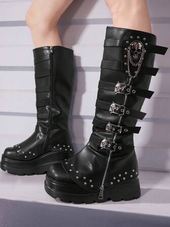 Black Leather Belt Buckle With Skull, Chain, Rivet Decor, Thick Sole Knee-High Boots For Women For Christmas And New Year Holiday Valentines Spring Shoes