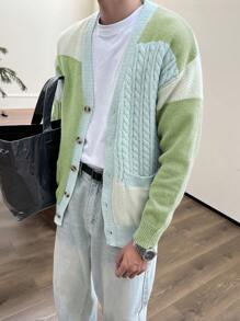 Claim Dot Men's Solid Color Splicing Front Button Long Sleeve Pocket Casual Shirt, Everyday Wear - Olive Green - View 6