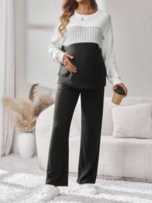 SHEIN Conjunto de 2 piezas de maternidad: Suéter de punto de color contrastante y pantalones de unicolor, casual