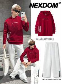 SHEIN Leap Crew 1 件青少年男孩休闲宽松街头风格文字印花连帽运动衫，适合秋冬季