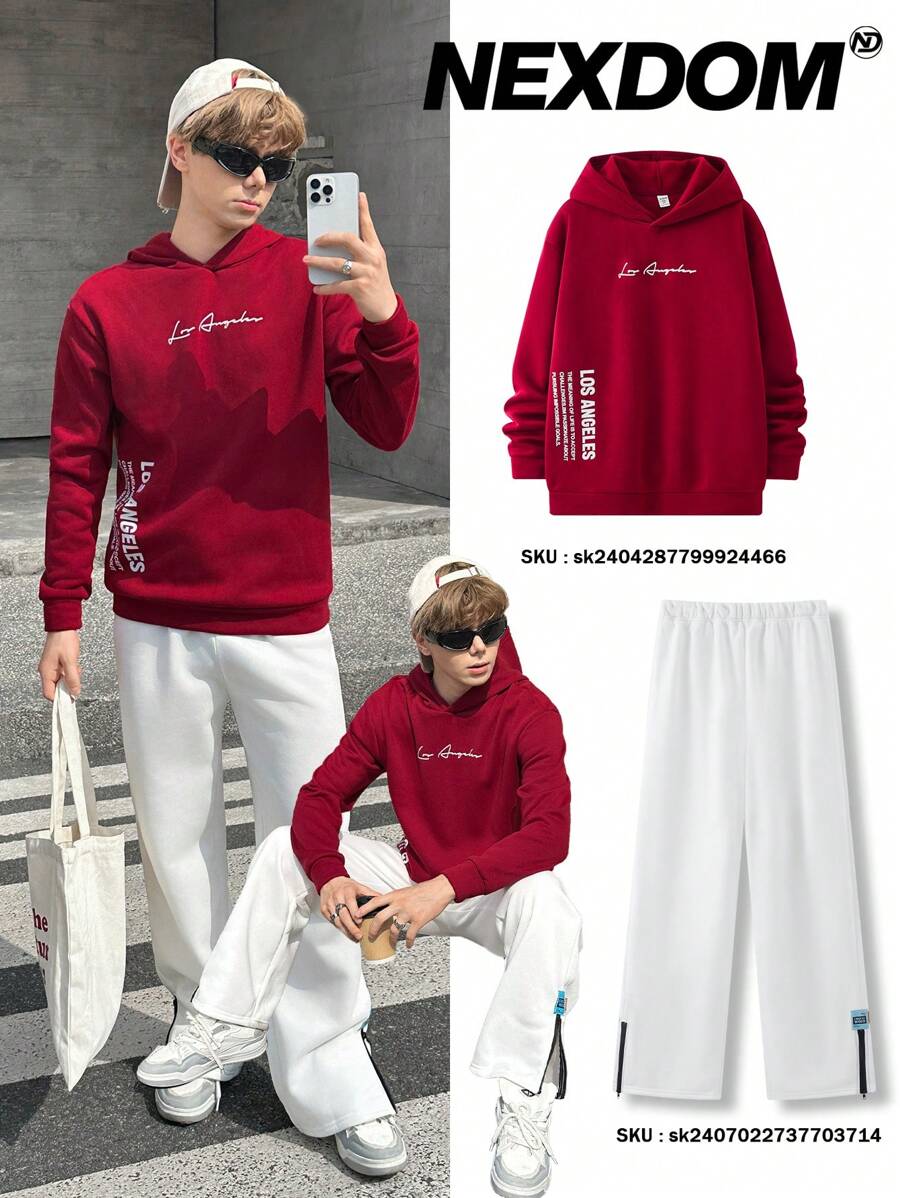 SHEIN Leap Crew 1 件青少年男孩休闲宽松街头风格文字印花连帽运动衫，适合秋冬季