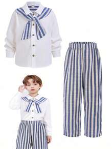 2 pièces Ensemble chemise à manches longues et pantalon rayés d'habillement de sport casual pour jeunes garçons. Convient pour les sorties, les sports, les rassemblements quotidiens, les tenues de rentrée scolaire en automne/hiver, les tenues d'automne - Multicolore - Voir 1