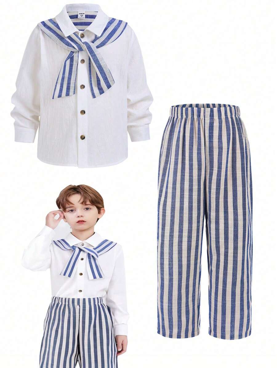 2 pièces Ensemble chemise à manches longues et pantalon rayés d'habillement de sport casual pour jeunes garçons. Convient pour les sorties, les sports, les rassemblements quotidiens, les tenues de rentrée scolaire en automne/hiver, les tenues d'automne - Multicolore - Voir 1