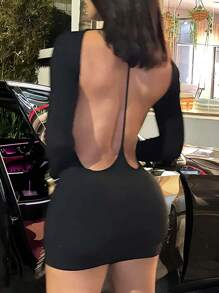 INAWLY Đầm mini hở lưng gợi cảm màu trơn cho nữ - màu đen - Xem 2