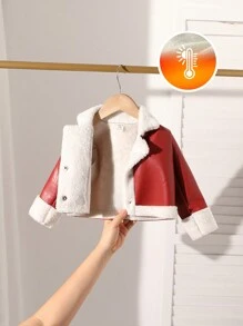 SHEIN Baby Girl Casual Color Block Splicing Fleece Jacket, Autumn/Winter - Red - View 1