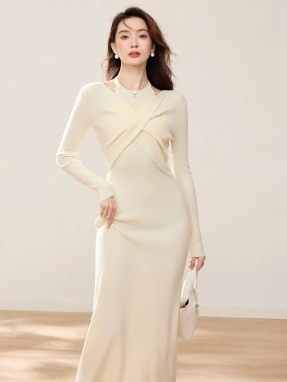 EastFlair 冬季女士优雅双层长袖长款毛衣连衣裙、节日连衣裙、跨年连衣裙