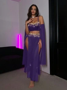 5 件套女士亮片流苏网眼文胸套装，无钢圈 - 紫色 - 查看 3