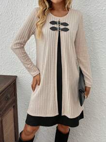 EMERY ROSE Women Plain Round Neck Long Sleeve Short Casual Dress, Daily Wear - Multicolor - View 5