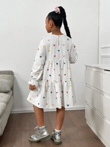 SHEIN Tween Girl Loose Casual Minimalist Comfortable Heart Print Round Neck A-Line Dress - White - View 2