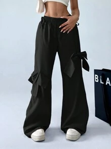SHEIN EZwear Women's Solid Color Bow Decor Casual Cargo Pants