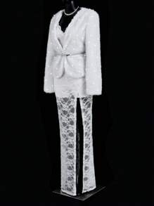 SHEIN ICON Cappotto di pelliccia bianco elegante da donna in stile Y2K per feste, Capodanno e uso casual, con decorazioni in perle finte, manica lunga