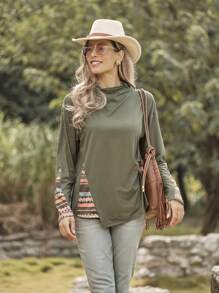 LanaWest Camiseta de Manga Longa com Decote Barco, Listrada e em Patchwork, de Uso Casual, para Uso Diário - Verde - Visão 1