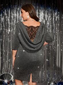 SHEIN Clasi 大码女式优雅派对闪亮对比蕾丝长裙，秋季 - 銀色 - 查看 4