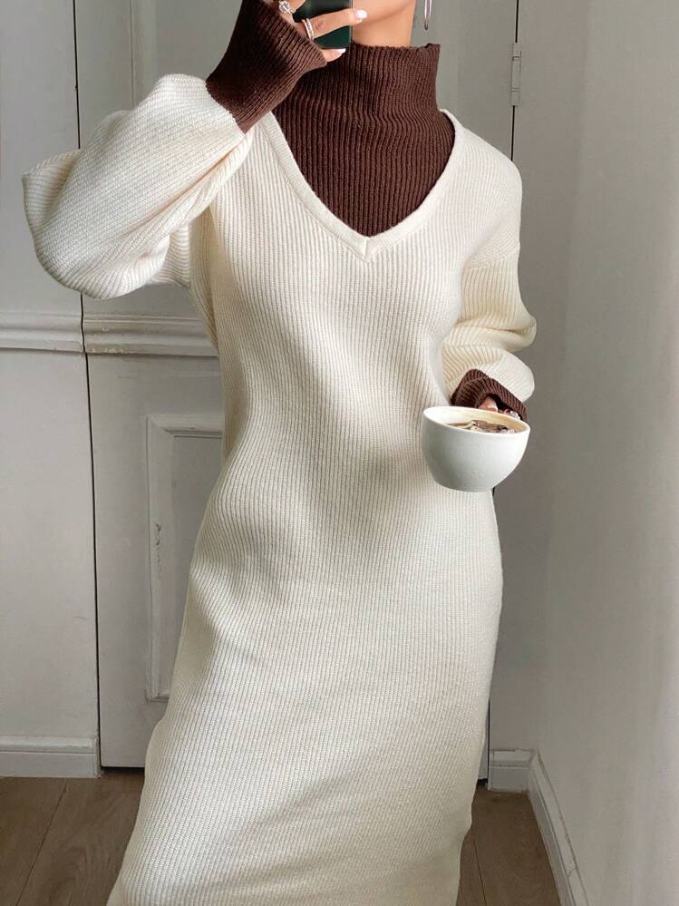 Luźna sukienka sweterkowa z golfem w kontrastowym kolorze, damska, jesienna odzież - Morela - Zobacz 5