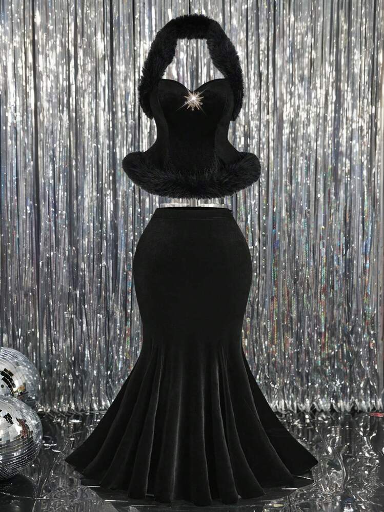 SHEIN Unity 大码女式蓬松领无袖露背美人鱼下摆紧身裙套装，性感天鹅绒两件套，适合约会、派对、夜总会 - 黑色 - 查看 8