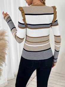 SHEIN LUNE 女士优雅日常穿着条纹撞色荷叶边下摆毛衣，秋冬 - 彩色 - 查看 2