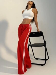 SHEIN Unity Casual Drawstring Striped Waist Straight-Legged Shorts For New Year Clothes Fall Cloth For Women - Red - View 9