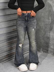 SHEIN Tween Girls Y2K Fashion Retro Stonewashed Ripped Flared Leg Jeans - Medium Wash - View 6