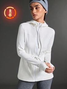 SHEIN Sports 城市户外服装舒适百搭运动休闲夹克，带抽绳和腰线，高弹力和亲肤材质，适合运动和瑜伽 - 白色 - 查看 1