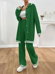 EURMUSE Women Stripe Pattern Pocket Detailed Front Button Cardigan & Sweater Pants Set - Green - View 6