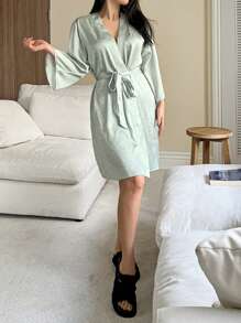 DAZY Graphic Print Robe With V-Neck And Tie Belt Pajama - Green - View 6