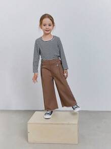 年轻女孩休闲百搭日常百搭纽扣前部细节松紧腰部原始下摆阔腿牛仔裤 - 卡其色 - 查看 3