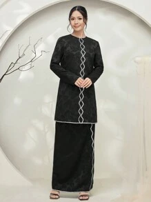 Graceveil Baju Kurung Women's Jacquard Knit Black Contrast Ruffle Trim Long Sleeve Sweater Modest