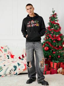 Manfinity VCAY Men Direct Print Loose Drop Shoulder Long Sleeve Hooded Sweatshirt, Suitable For Autumn/Winter, Christmas Season Going Out Black Letter Hoodie, For Friends, Husband, Boyfriend Gifts