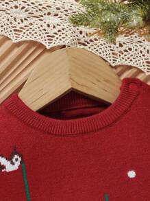 Baby Girls Cute Red Christmas Themed Knit Sweater,Autumn Long Sleeve Crew Neck Flounced Hem Soft Knitwear For Birthday,Casual,Home,Daycare & Parties - Red - View 5