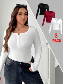 SHEIN EZwear 3pcs Plus Size Women Plain Color Knitted Button Half-Placket Long Sleeve Casual T-Shirts, Autumn/Winter