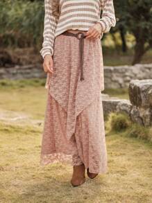 LanaWest Women Lace Waist Asymmetrical Double-Layer Hem - Dusty Pink - View 5