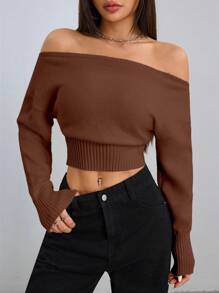 SHEIN Unity 女士休闲露肩长袖针织毛衣 - 咖啡棕 - 查看 4