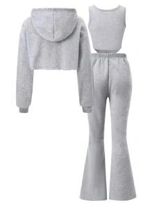 SHEIN 3 件套女孩青少年字母印花连帽运动衫 + 背心 + 阔腿裤，休闲运动装 - 灰色 - 查看 3