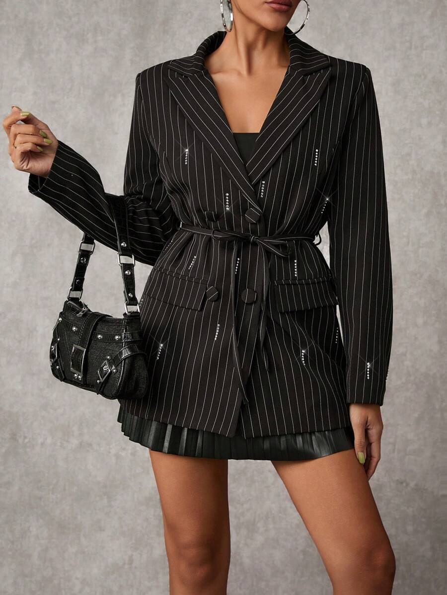 EURMUSE Rhinestone Detail Blazer With Pinstripe Fabric - Navy Blue - View 1