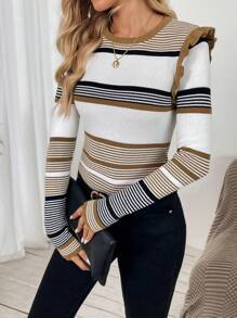 SHEIN LUNE 女士优雅日常穿着条纹撞色荷叶边下摆毛衣，秋冬 - 彩色 - 查看 5