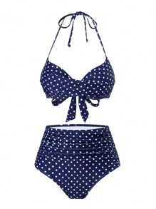 SHEIN Swim 2 piezas Conjunto de Bikini de cintura alta con control de abdomen, estilo vintage elegante con lunares, color azul para verano
