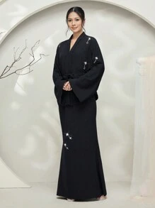 Graceveil Baju Kurung z przodu koronkowa bluzka z długim rękawem i spódnica w kształcie litery A, swobodny, 2-częściowy zestaw, skromny