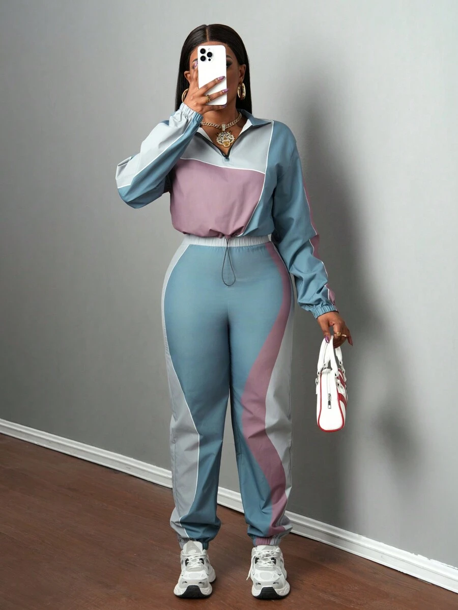 Slaydiva 2 件套女士休闲街头风格运动高领长袖拉链夹克和宽松抽绳裤，拼布拼色 - 綠色 - 查看 1