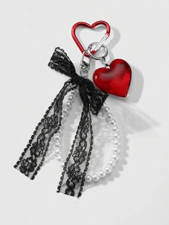 Kawaii 1 pieza Llavero/Accesorio para bolso con colgante de corazón transparente, lazo de encaje de perlas hecho a mano con estilo, elegante y dulce, apropiado para uso diario de niñas/mujeres