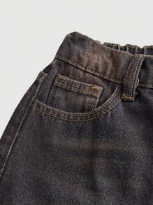SHEIN Tween Girl's Retro Washed Front Button Multiple Pockets Casual Denim Straight Leg Jeans
